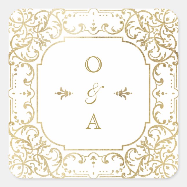 Goldenes verziertes Oldtimer-Hochzeitsmonogramm Quadratischer Aufkleber (Vorderseite)