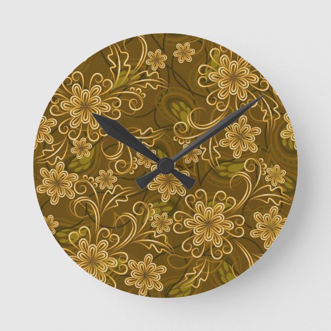 Goldenes Vintages Blumenmuster Runde Wanduhr (Vorderseite)