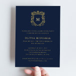 Goldenes Wappen | Elegante Navy Graduation Party Folieneinladung<br><div class="desc">Die Einladungen zur Graduierungsparty sind einfach und elegant und verfügen über ein Wappen aus Goldfolie mit dem Monogramm in der Mitte und einen modernen Goldfolientext auf dunkelblauem Hintergrund. Ein klassischer und moderner Look Abitur.</div>