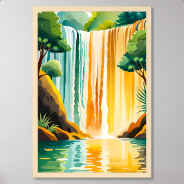 Goldenes Wasserfall Malerei mit Felsvorsprung Poster