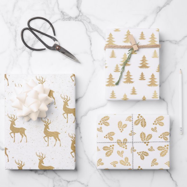 Goldenes Weihnachtsbaummuster Geschenkpapier Set (Vorderseite)