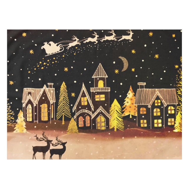 Goldenes Weihnachtsdorf Hirsche Winternacht Tischdecke (Vorderseite (Horizontal))