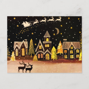 Goldenes Weihnachtsdorf Reh Winter Nacht Postkarte