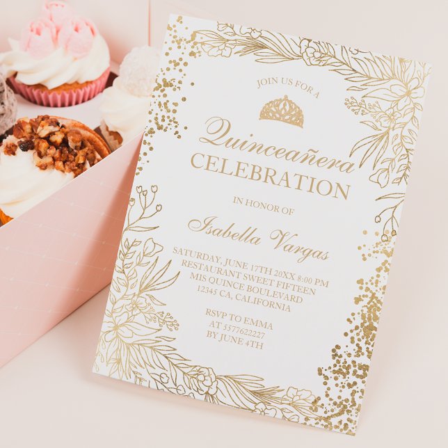 Goldenes Weiß Tiara chic Quinceañera Einladung (Von Creator hochgeladen)