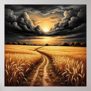 Goldenes Weizenfeld bei Sonnenuntergang mit dramat Poster