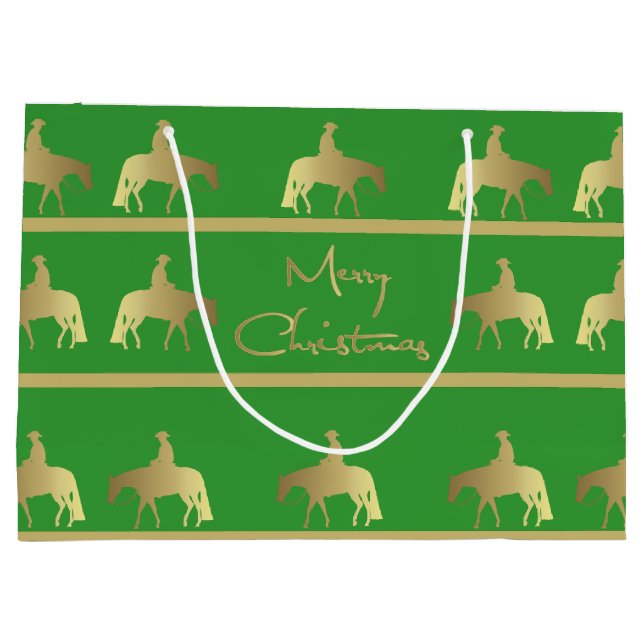 Goldenes Western-Vergnügens-Pferdegrün-Weihnachten Große Geschenktüte (Rückseite)