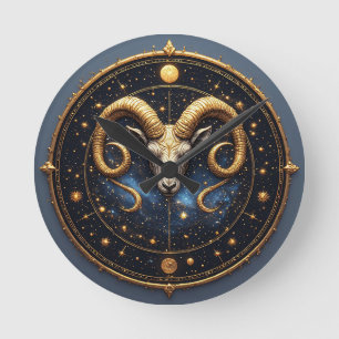 Goldenes Widder-Sternzeichen-Schild Runde Wanduhr