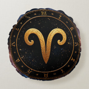 Goldenes Widder-Tierkreisrad-Symbol Rundes Kissen