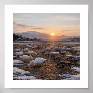 Goldenes Winterfeld mit Schwänen und Gänsen – Poster