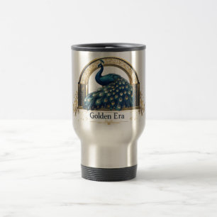 Goldenes Zeitenlogo mit elegantem Pfauendesign Reisebecher