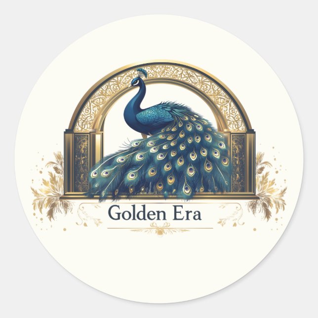 Goldenes Zeitenlogo mit elegantem Pfauendesign Runder Aufkleber (Vorderseite)