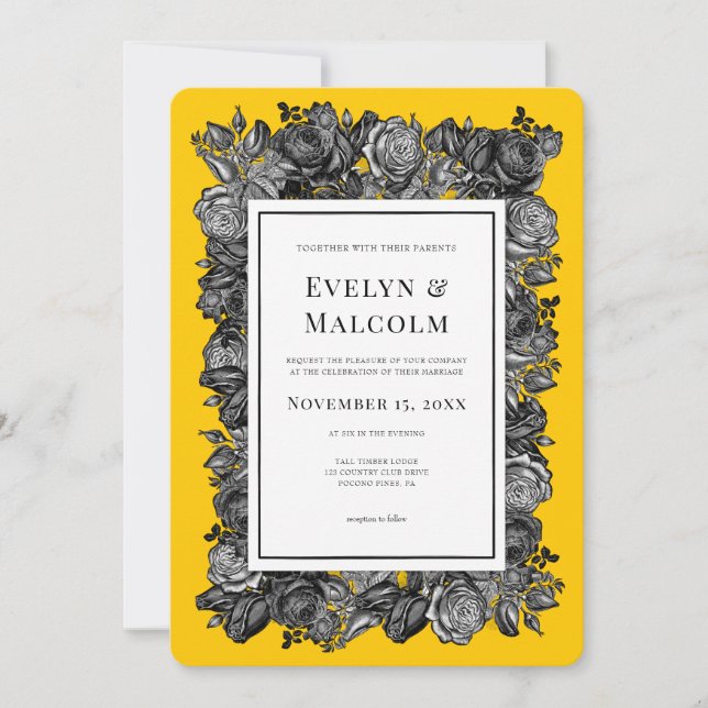 Goldenrod Hochzeit in Schwarz-Weiß-Rosen Einladung (Vorderseite)