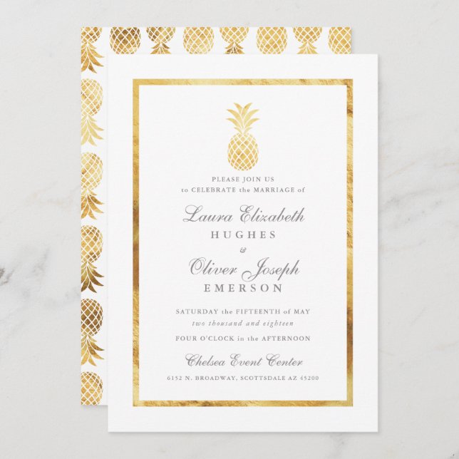 GoldenTropical Ananas Gold Wedding Invitations (Devant / Derrière)