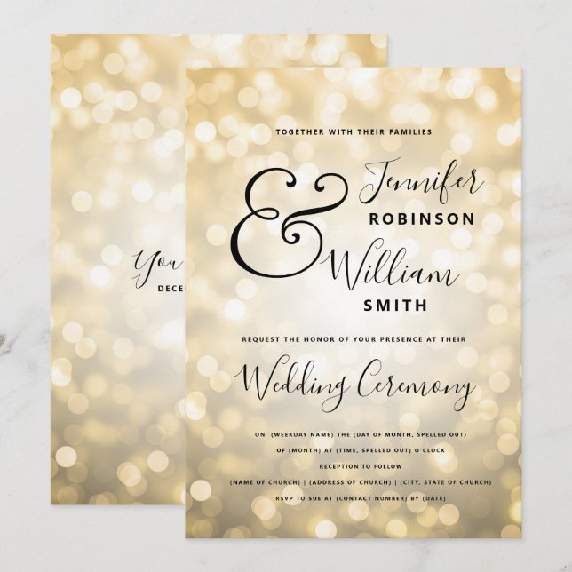 Golder Champagner Glam Elegante Hochzeit Einladung (Vorne/Hinten)