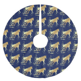 Goldes Pferd mit Akzenten auf blauem Holiday Tree  Polyester Weihnachtsbaumdecke