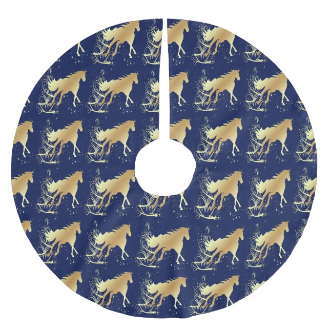 Goldes Pferd mit Akzenten auf blauem Holiday Tree  Polyester Weihnachtsbaumdecke (Vorderseite)