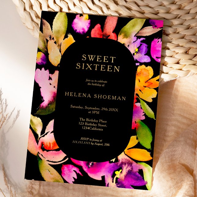 Goldfall übergroße Blumenwasserfarbe Süß 16 Einladung (Bold fall oversize floral watercolor Sweet 16 Invitation on black)