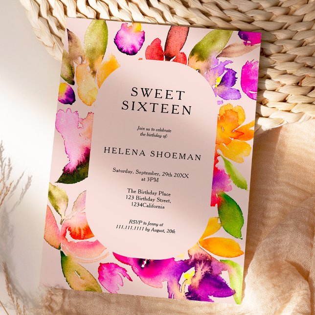 Goldfall übergroße Blumenwasserfarbe Süß 16 Einladung (Bold fall oversize floral watercolor Sweet 16 Invitation on pastel pink)