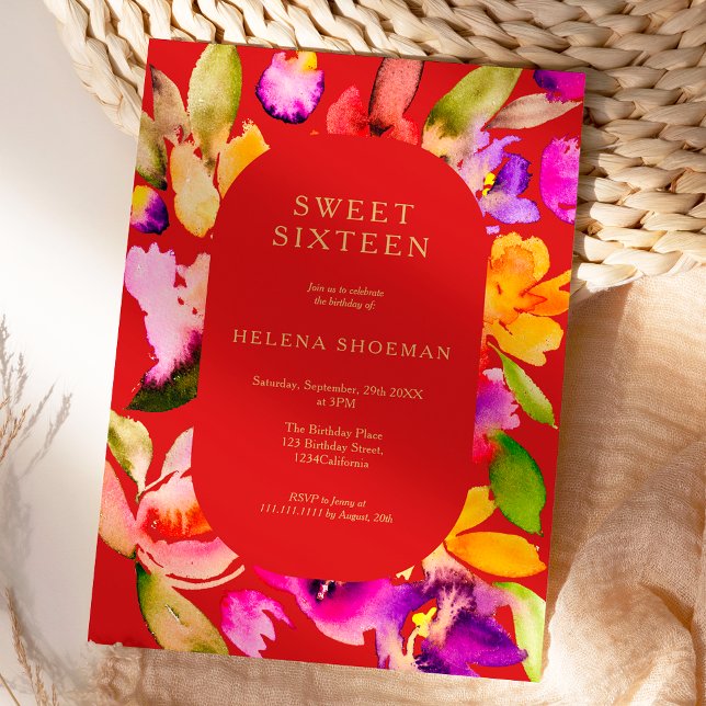 Goldfall übergroße Blumenwasserfarbe Süß 16 Einladung (Bold fall oversize floral watercolor Sweet 16 Invitation on terracotta)