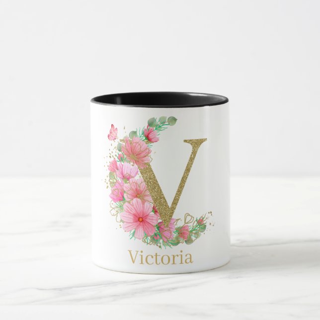 Goldfarben und Blumenmonogramm, Buchstabe V Tasse (Zentrum)