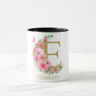 Goldfarben und Blumenmonogramm Buchstaben E Tasse