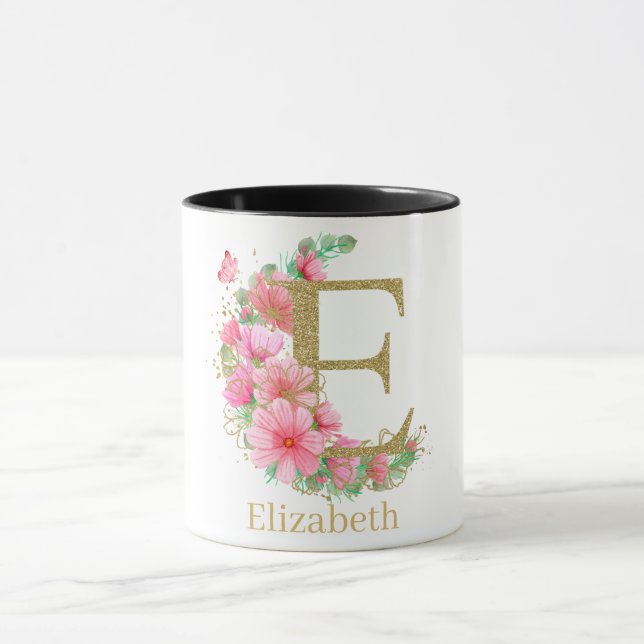 Goldfarben und Blumenmonogramm Buchstaben E Tasse (Zentrum)