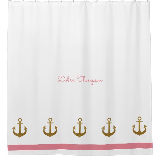 goldfarbene Anker, nautisch rosa und personalisier Duschvorhang (Vorderseite)
