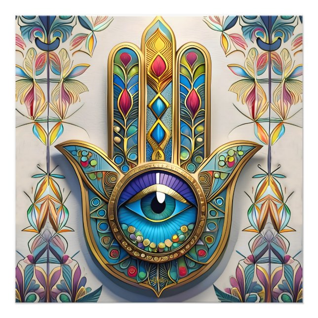 Goldfarbene Filigree Blaugrün, drittes Auge Hamsa Fotodruck (Vorne)