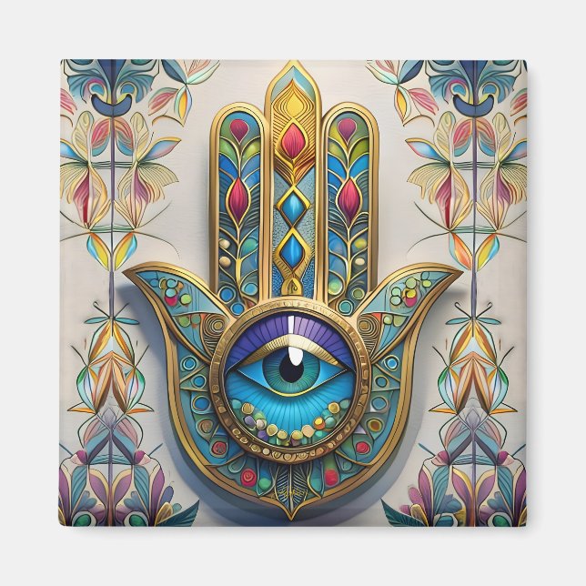 Goldfarbene Filigree Blaugrün, drittes Auge Hamsa Magnet (Vorne)