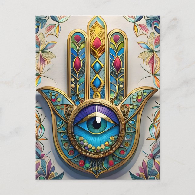 Goldfarbene Filigree Blaugrün, drittes Auge Hamsa Postkarte (Vorderseite)