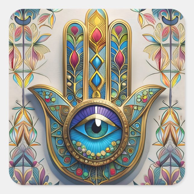 Goldfarbene Filigree Blaugrün, drittes Auge Hamsa Quadratischer Aufkleber (Vorderseite)