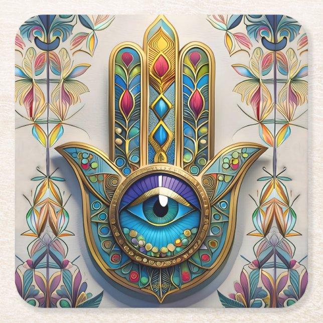 Goldfarbene Filigree Blaugrün, drittes Auge Hamsa Rechteckiger Pappuntersetzer (Vorderseite)