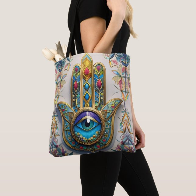 Goldfarbene Filigree Blaugrün, drittes Auge Hamsa Tasche (Von Nahem)