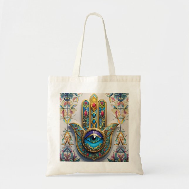 Goldfarbene Filigree Blaugrün, drittes Auge Hamsa Tragetasche (Vorne)