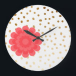 goldfarbene goldfarbene Blume-Polka-Punktmuster Große Wanduhr<br><div class="desc">Niedliches und elegantes Design mit rosa Blume und Imitaten goldenen Polka-Punktmuster.</div>