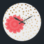 goldfarbene goldfarbene Blume-Polka-Punktmuster Große Wanduhr<br><div class="desc">Niedliches und elegantes Design mit rosa Blume und Imitaten goldenen Polka-Punktmuster.</div>