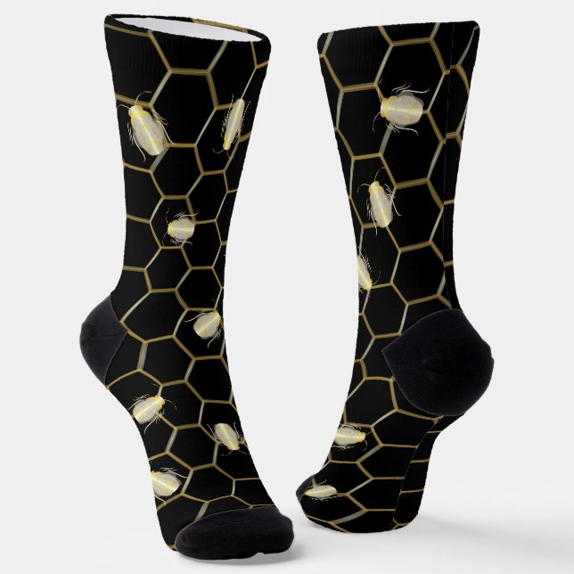 Goldfarbene Honey Bee Honeycomb Design Black Socken (Gewinkelt)