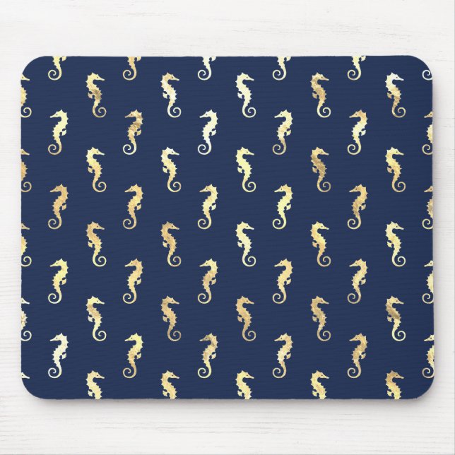 Goldfarbene Seepferdchen auf Marineblau Mousepad (Vorne)
