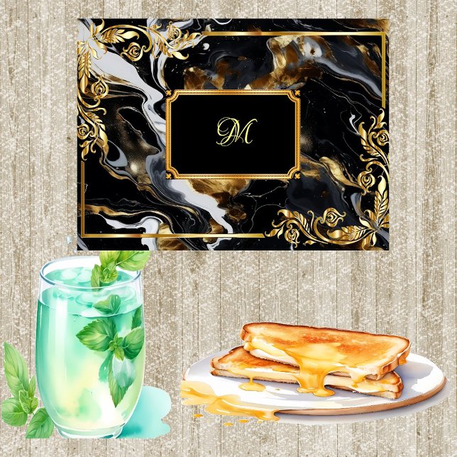Goldfarbene Verzierte Rahmen-Marmor Dunkelblaue Ti Schneidebrett (Gold Ornate Frame Marble Dark Blue Ink Monogram Cutting Board)