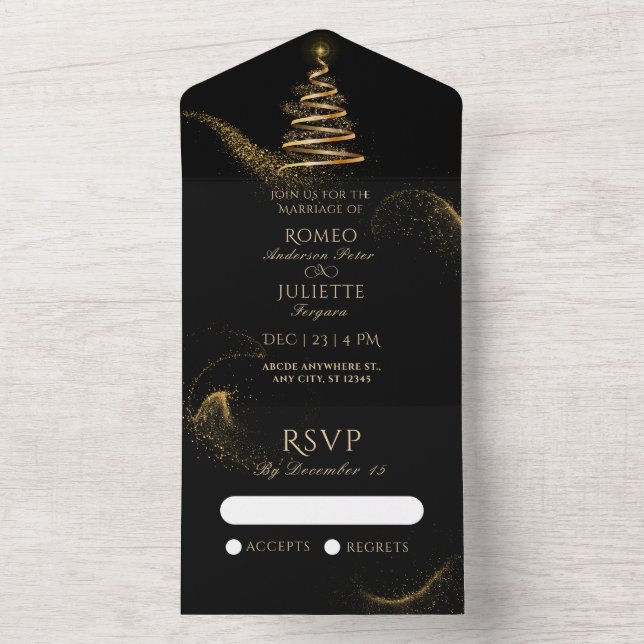 goldfarbene Weihnachtsbaumhochzeit All In One Einladung (Innen Boden)