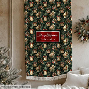 Goldfarbene Weihnachtsglocken tief grün Fleecedecke