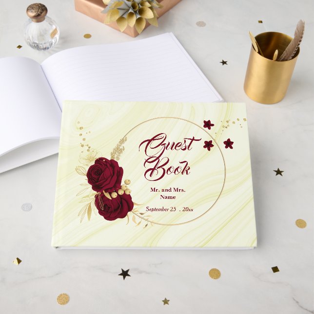 goldfarbener, bordeauxfarbener Marmor Gästebuch (Vorderseite Offen)