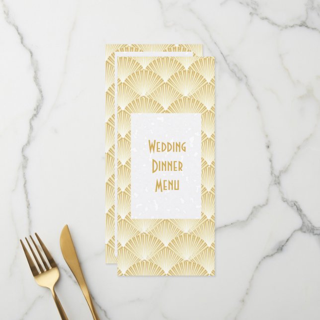 Goldfarbenes Art Deco Design Hochzeitsessen Menükarte (Vorderseite/Rückseite Beispiel)