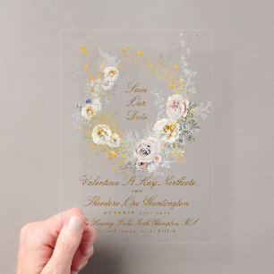 goldfarbenes Foto mit Blumenkranz Save the Date Acryleinladungen