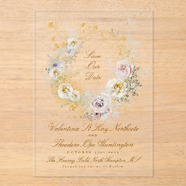 goldfarbenes Foto mit Blumenkranz Save the Date Acryleinladungen