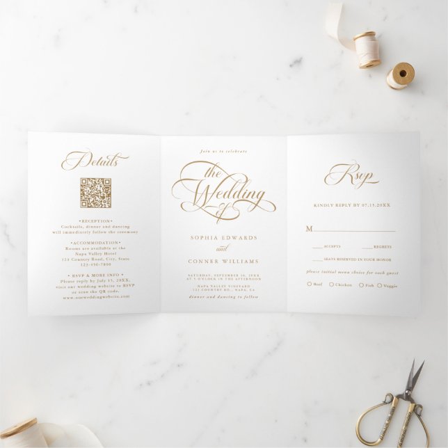 Goldfeine, elegante Hochzeit Dreifach Gefaltete Einladung (Innenseite)