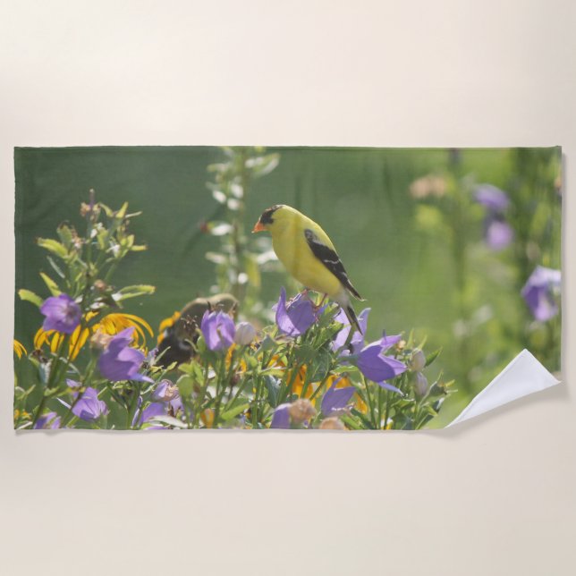 Goldfinch auf einer Harebell-Blume Strandtuch (Vorderseite)