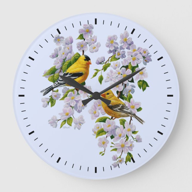 Goldfinch Birds and Flowers Blue Große Wanduhr (Vorderseite)