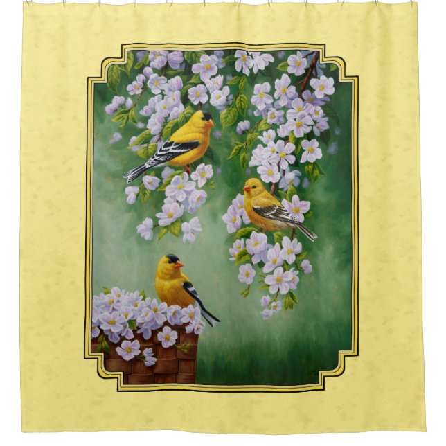 Goldfinch Birds & Apple Blossoms gelb Duschvorhang (Vorderseite)