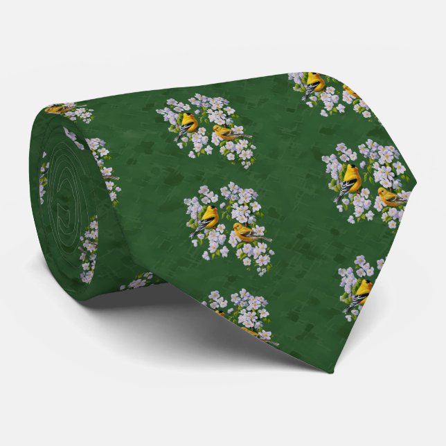 Goldfinch Birds & Apple Blossoms Green Krawatte (Gerollt)
